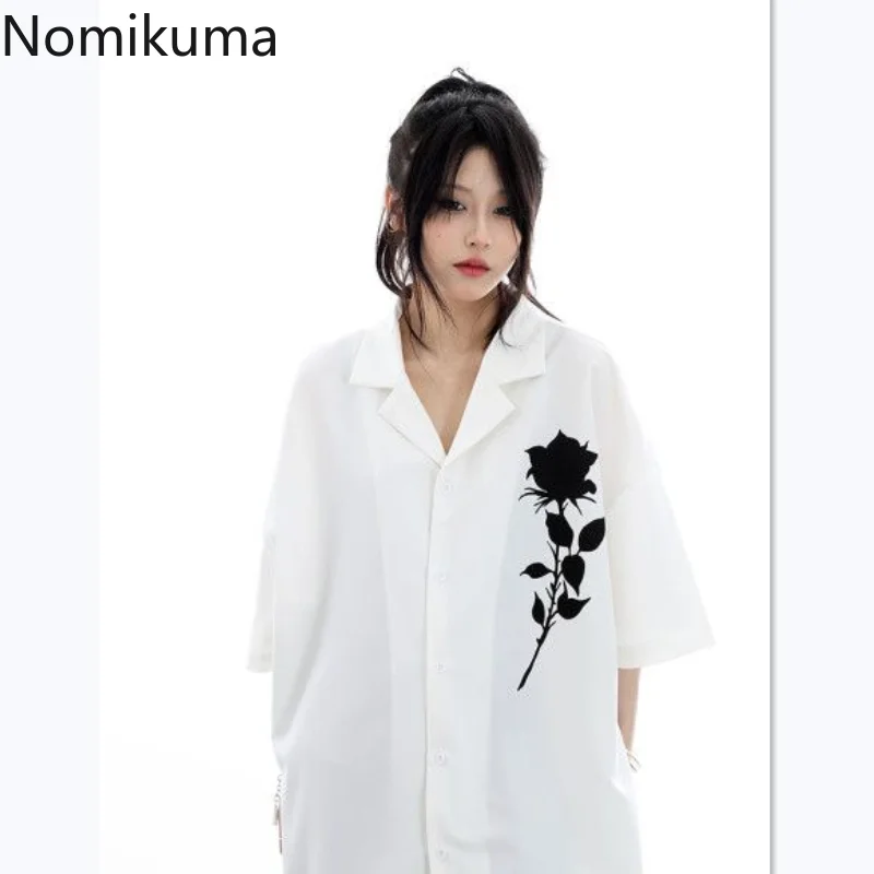 Nomikuma Blusas Para Mujer Summer Short Sleeve Contrast Color Flower Print Y2k Shirts for Women Street Harajuku Chemise Femme