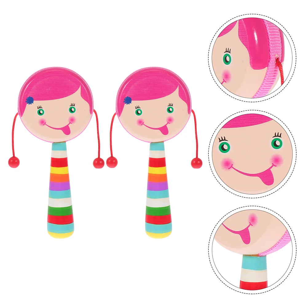 2 stuks houten stevige babyhandrammelaar kleine muzikale voor kinderen met cartoonontwerp veilige lichtgewicht huidvriendelijke handheld