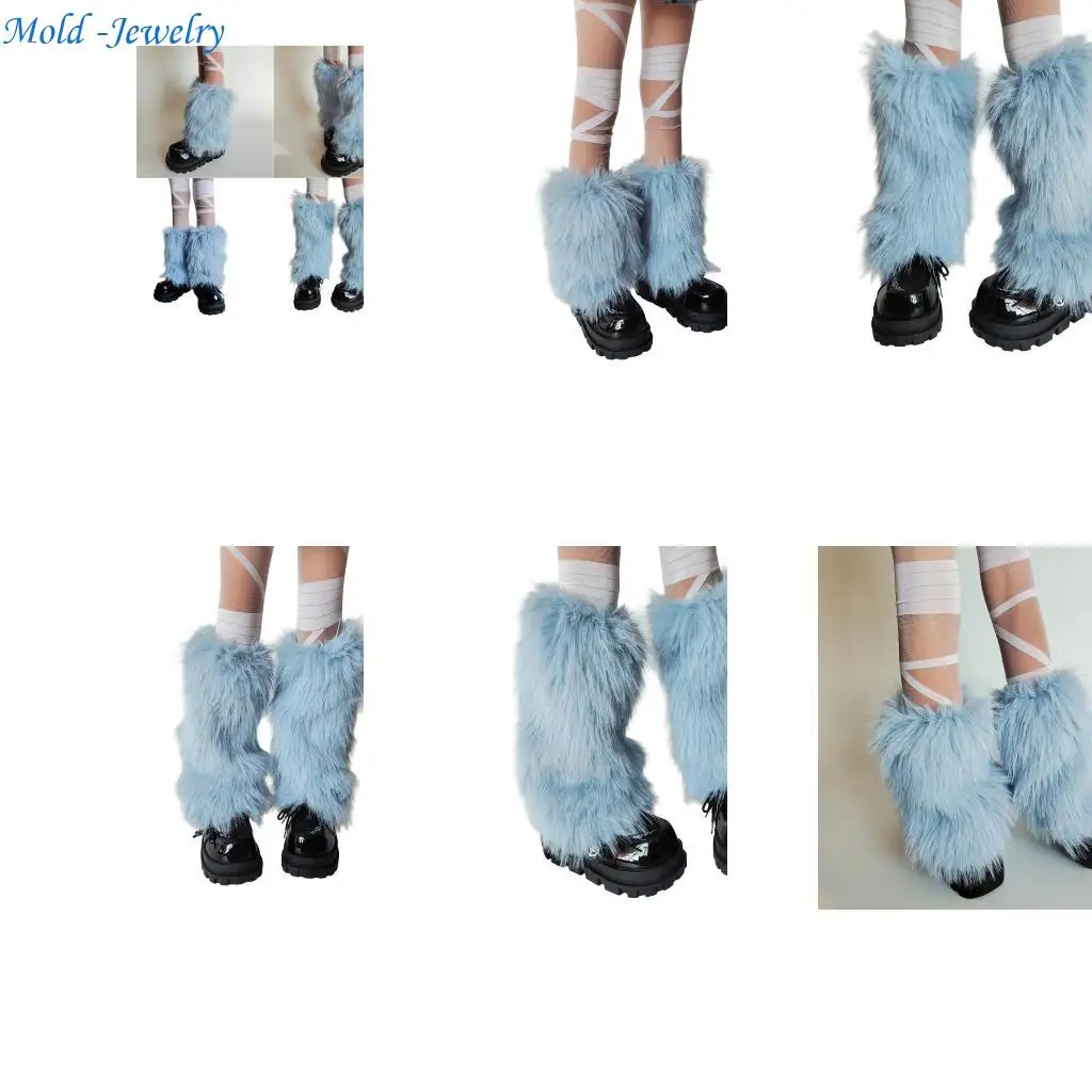 

69HB Winter Thermal Furry Blue Leg Warmers for Women and Teens Harajuku Vintage Plush Boot Toppers Gaiters Footless Socks