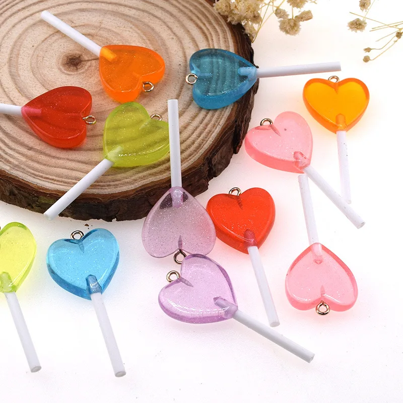 10Pcs Blingbling Glitter Hearts Lollipop Resin Charms Imitation Candy Pendant For Necklace Earring Jeweley Making