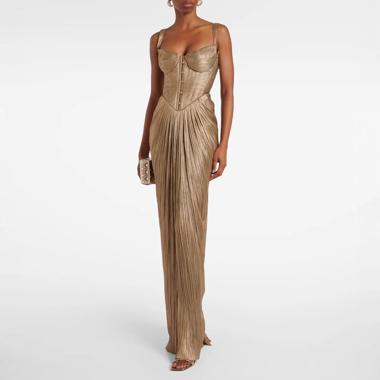 

Gold Sexy V-neck Women Dress Lace-Up Elegant Hight Waist Dress Draped Slim Suspender Long Dress Sleeveless Backless Party Dress