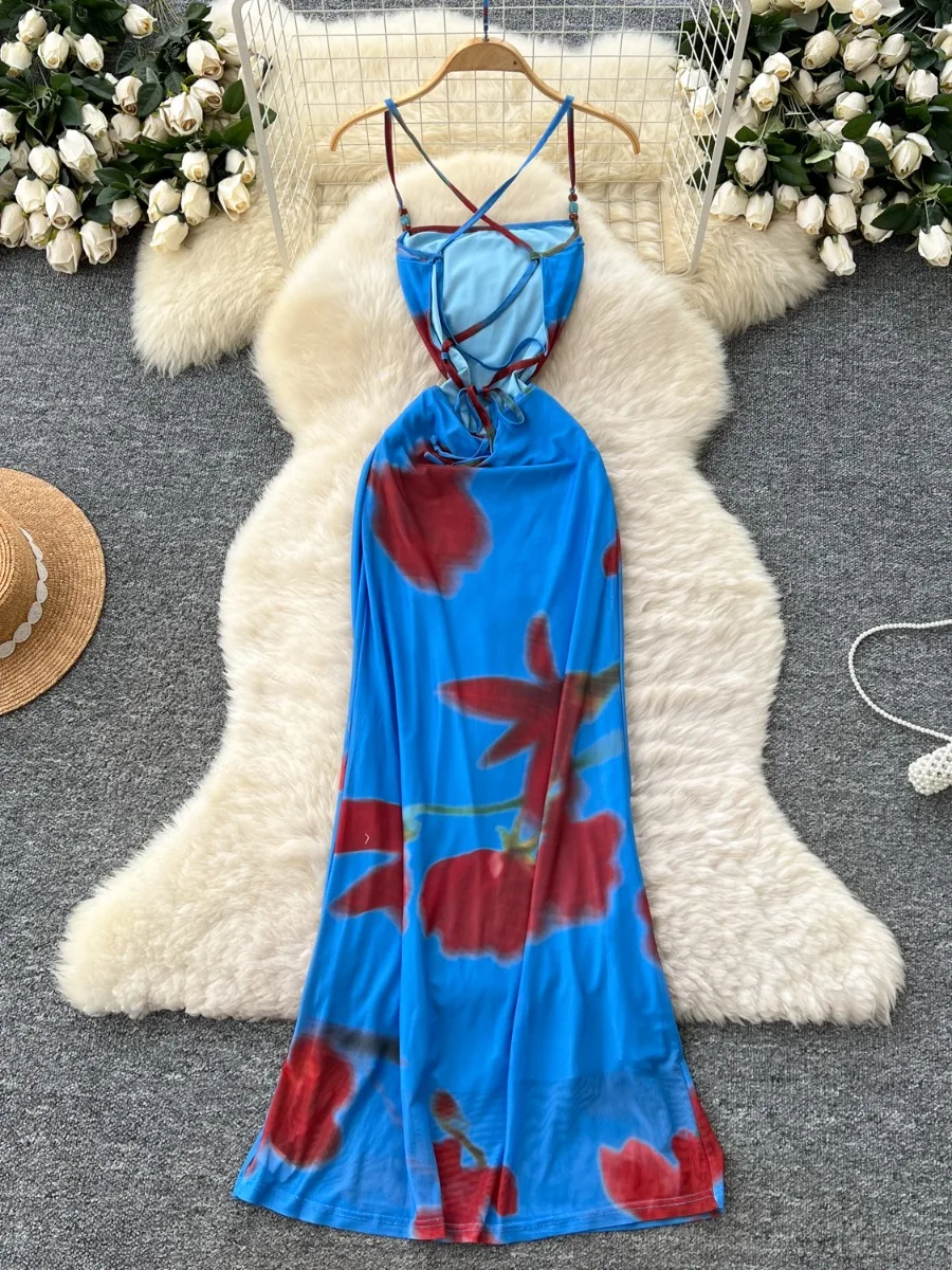 Foamlina عطلة الزي عارية الذراعين فستان بكتافة 2025 صيف جديد فرنسي مثير سليم صالح الرسن طباعة شبكة فساتين عطلة طويلة