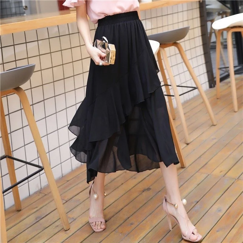 Bla Chiffon Asymmetrical Hem Midi Skirt Women's Summer 2025 High Waist Slimming Fulln A-Line Skirt Sweet Sle Polyester...