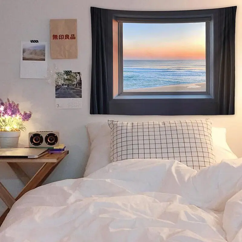 VIKAMA Ocean Tapestry Wall Hanging Coastal Window Beach Sea View Nature Landscape Wall Decor for Bedroom Apartment
