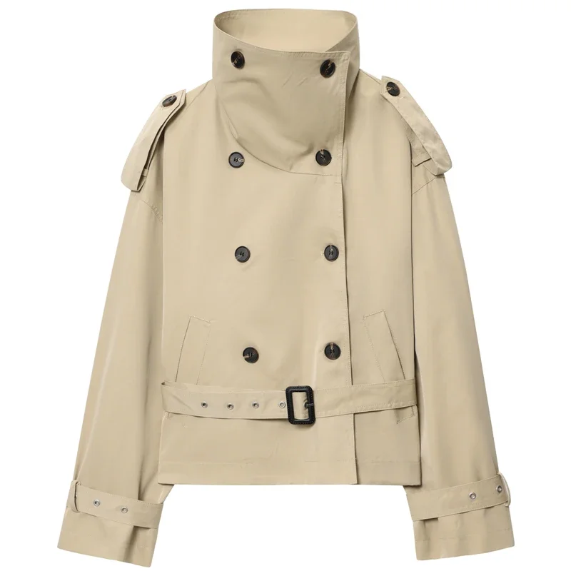 Crop Khaki Windbreaker Women's Jacket Autumn Fashion Stand Collar Long Sleeve Trench Coat Double-Breasted Belt Outerwears