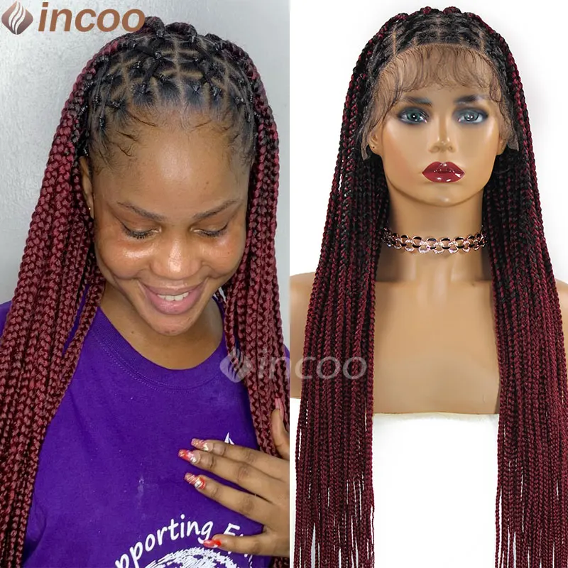 

Synthetic Burgundy 36 Inch Criss Cross Full Lace Box Braided Wigs Box Braids Lace Front Wigs Knotless Braid Lace Frontal Wigs