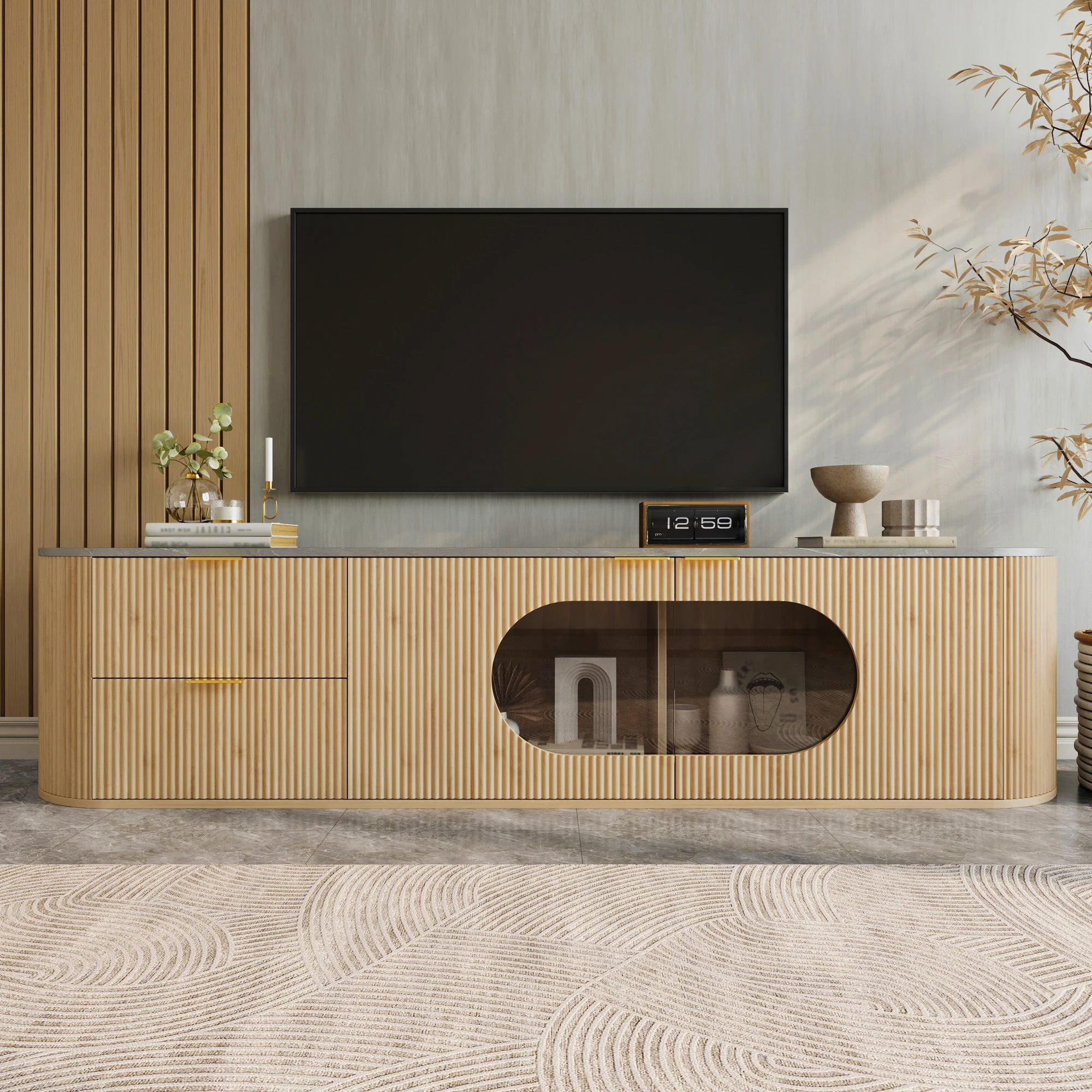 Meuble TV avec portes vitrées 3D, structure compartimentée, pour salon, organisation facile, en MDF et verre gris naturel