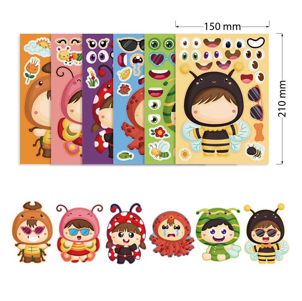 6/12Sheets Children DIY Animals Face Kawaii Puzzle Stickers Game Funny Assemble Jigsaw Toy For Boys Girls Decal Decoration Gifts