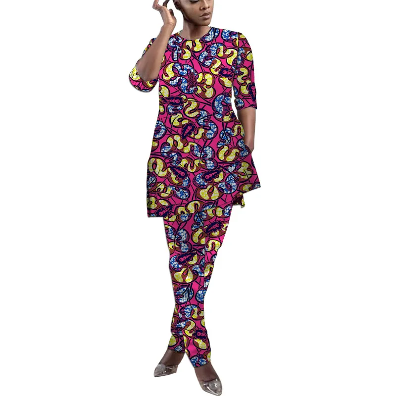 

Women African Clothes Half Sleeve Tops With Pants Nigerian Fashion Lady's Ankara Outfits Festival Occasion Wear