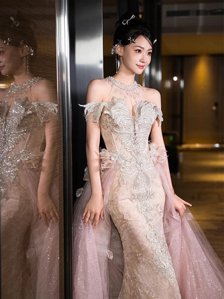 

Pink Engagement Evening Gown Heavy Work Bridal Robe Women's Outgoing Wine Service Host Adult Ceremony Student Birthday