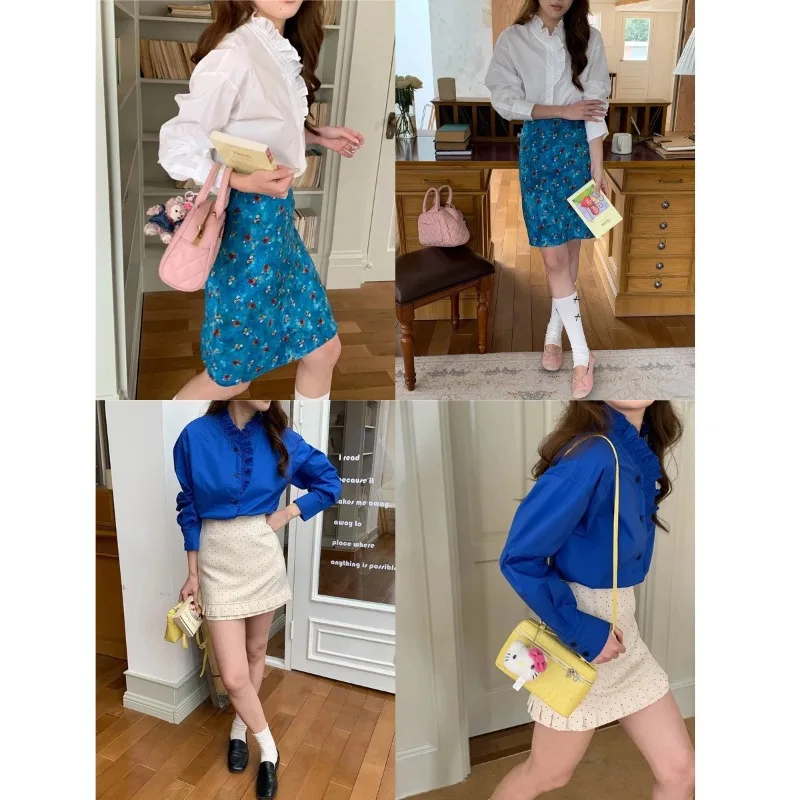 White Ruffle Trim Button Down Long Sleeve Shirt Blue Floral Print Mini Skirt Two Piece Set For Women Casual Fashion Style 05P6