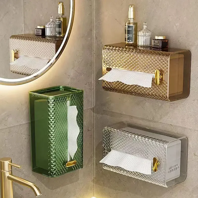 Wall-Mounted Tissue Box, Facial Face Cloth Storage, Toilet, Kitchen Upside down, Paper Extraction Box, Light Luxury, Transparent