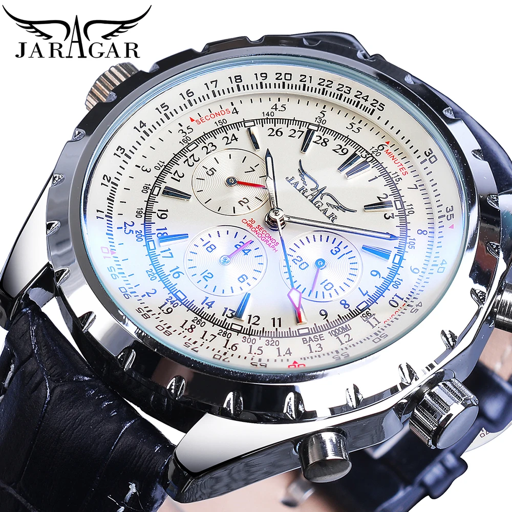 Fashion Jaragar Top Brand Leather Automatic Mechanical Calendar Business Watches Pilot Design Men\'s Wrist Watch Male