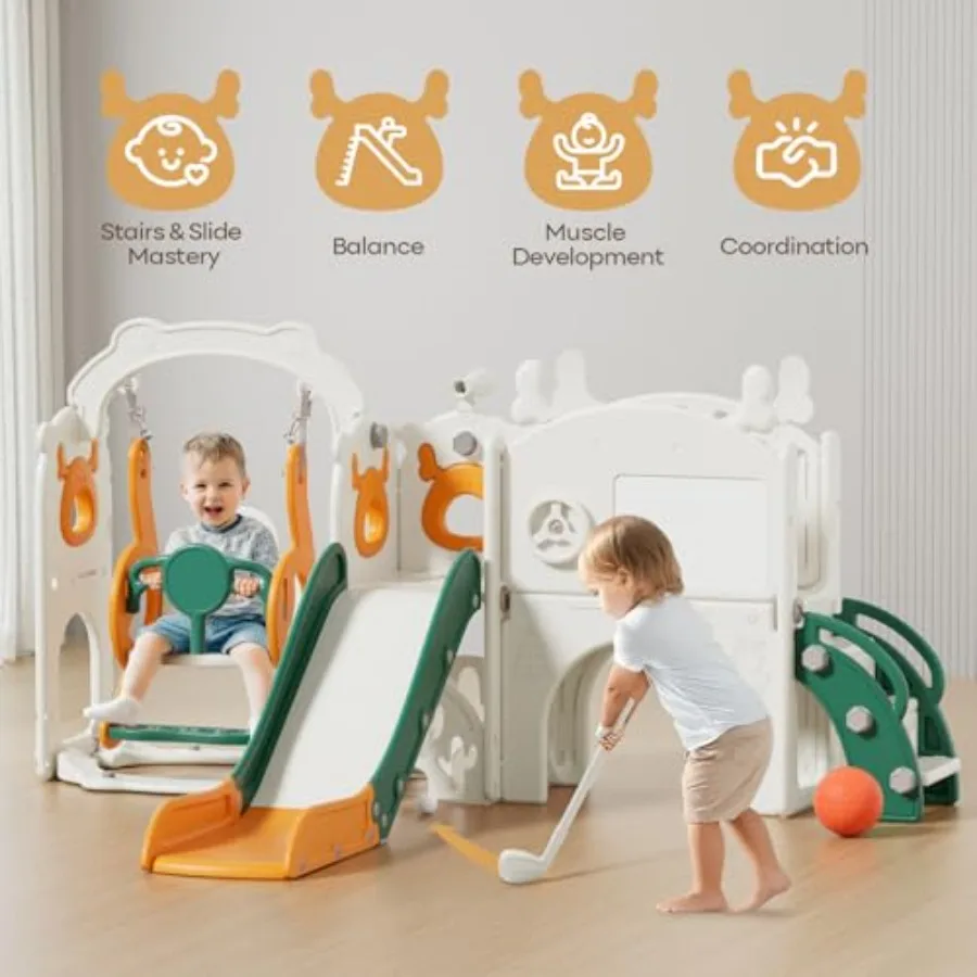 屋内屋外兼用幼児用滑り台とブランコセット 1～3歳向け バスケットゴール付き ドローイングゴルフ イエローグリーン 82×67×41インチ プラスチック製木製