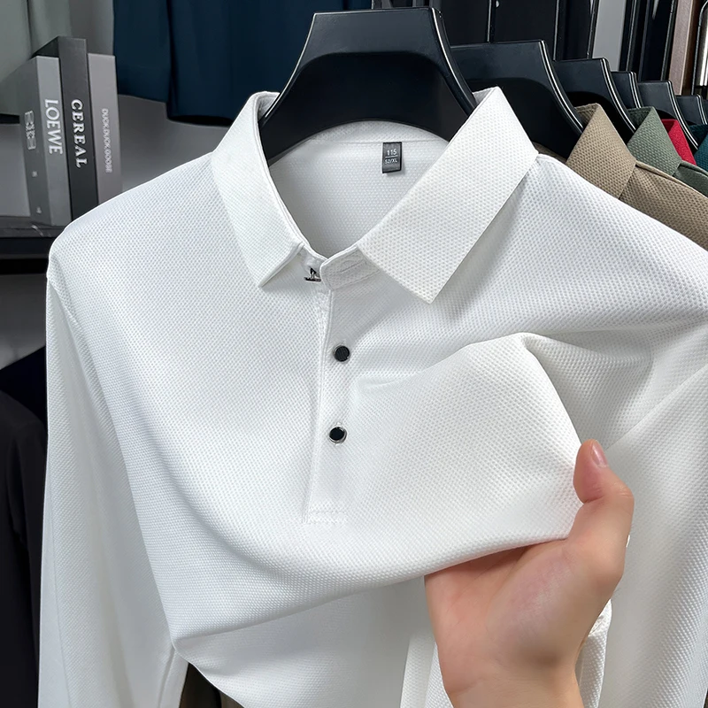 

9-color Long Sleeved Polo Shirt Solid Color for Autumn and Winter Business, Middle-aged and Young Men's Lapel T-shirt