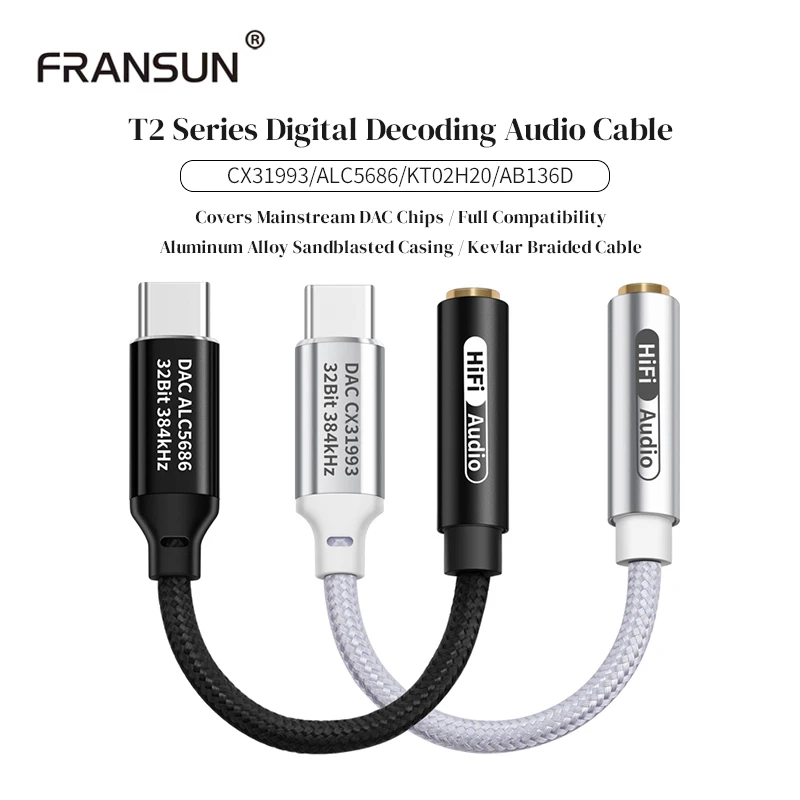 Fransun T2 Type-C to 3.5mm AUX DAC CX31993 Cable Portable Digital Decoding Headphone Audio Adapter for Samsung iPhone 15/16/17
