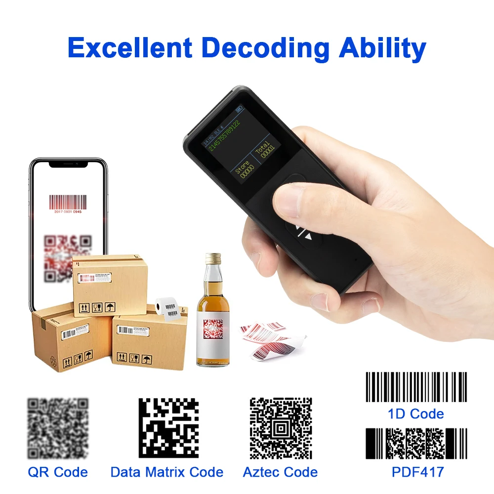 3100DB Mini Barcode Scanner with Screen 1D 2D QR Code Reader Portable Size Bluetooth 2.4G Wireless Connection Scan Long Distance