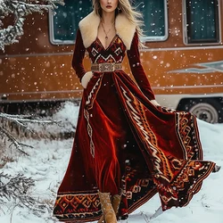Sexy Women Print Feather Bohe Long Dresses Winter Ethnic Hair Collar Gold Velvet Party Dress Vintage High Waist Vacation Dress