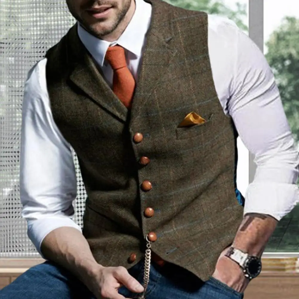 Single-breasted Men Vest Slim Fit Men's Formal Waistcoat Business Style Groom Wedding Vest with Single-breasted V Neck Lapel