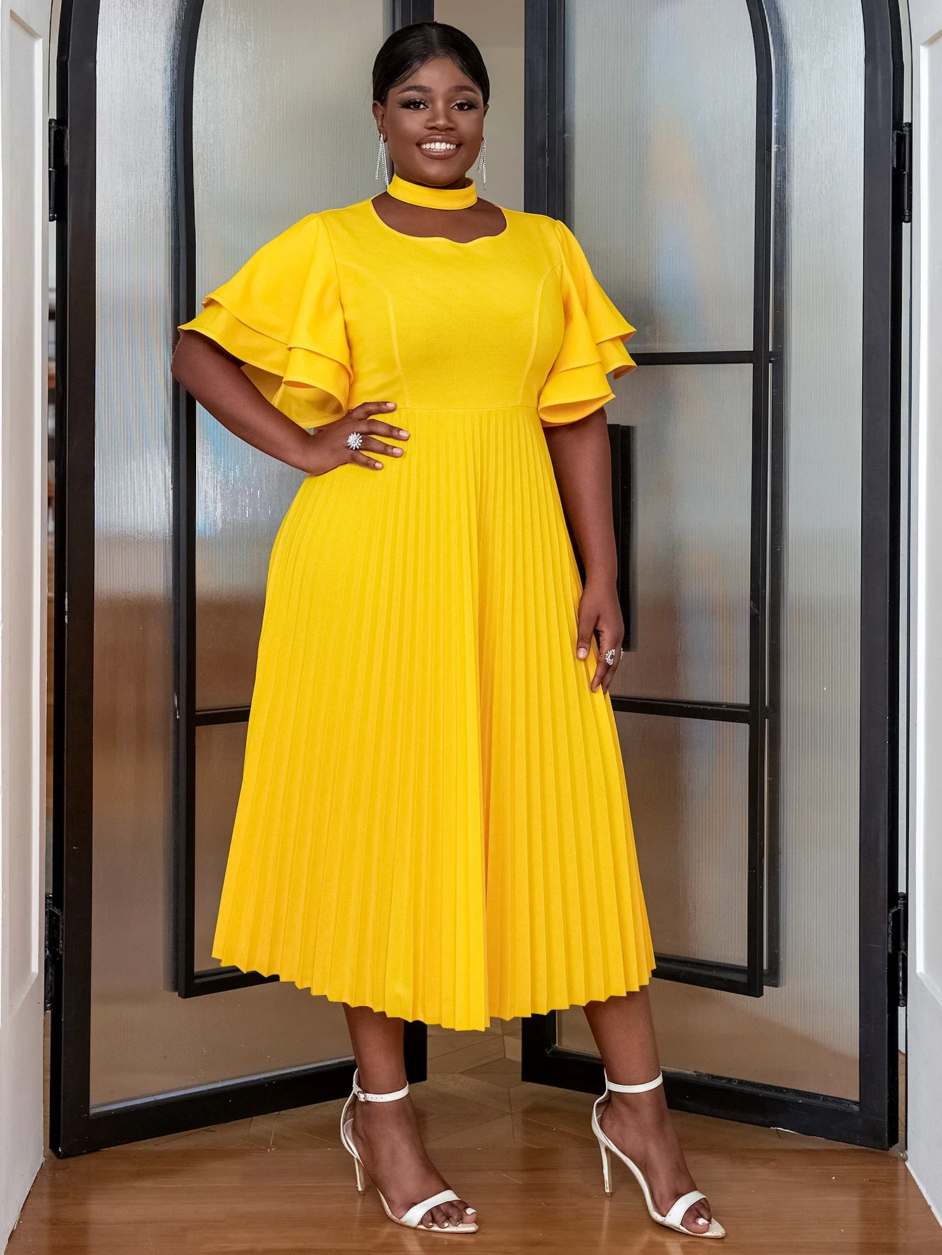 Women Elegant Pleated Dresses Yellow Halter O Neck Short Ruffles Sleeve Casual Plus Size 4XL Birthday Prom Celebrate Gowns New