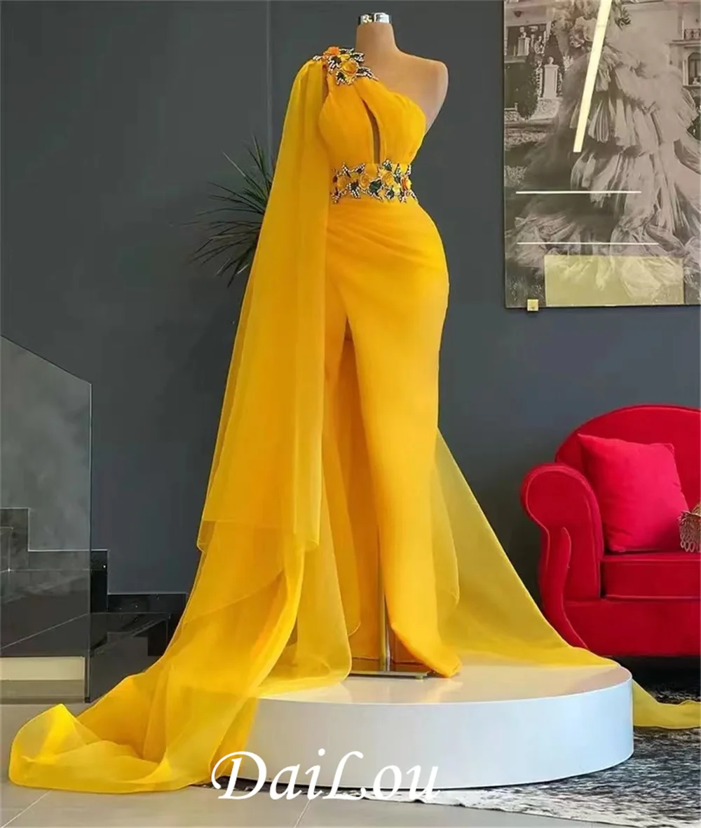 

Bright Yellow Mermaid Evening Dresses With Wrap One Shoulder Side Split Pageant Dressing Gowns Robe De Mariée Customize