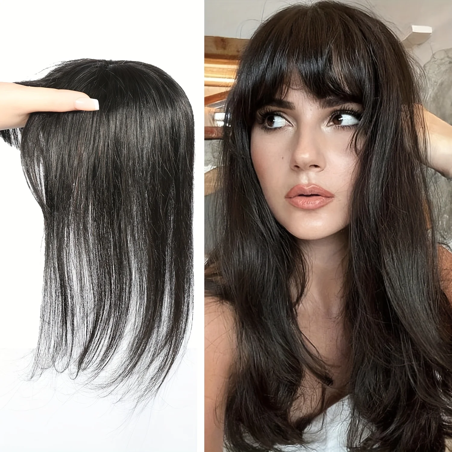 

Straight Human Hair top Hair Piece for Thinning Hair,Toupee or Topper Wiglet Clip In Hair Extensions Increase hair volume #1B