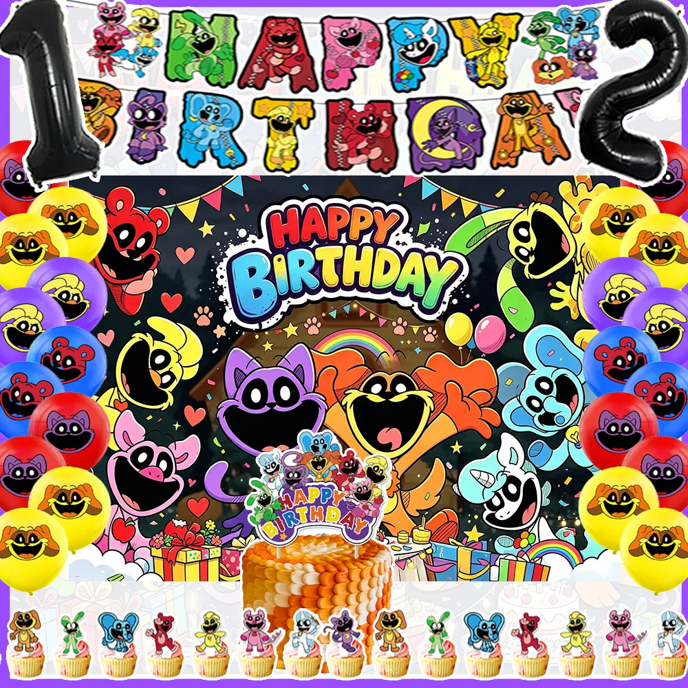 Cartoon Smiling Critters Geburtstagsparty-Zubehör Banner Ballon Cupcake-Topper Tier-Katzen-Hintergründe Kinder-Geburtstagsparty-Deko