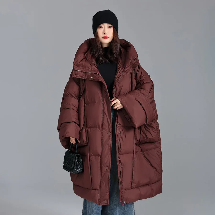 

2026 Autumn/Winter New Down Coats Loose Large Size Long Hooded White Duck Down Jacket Women's Loose Coat