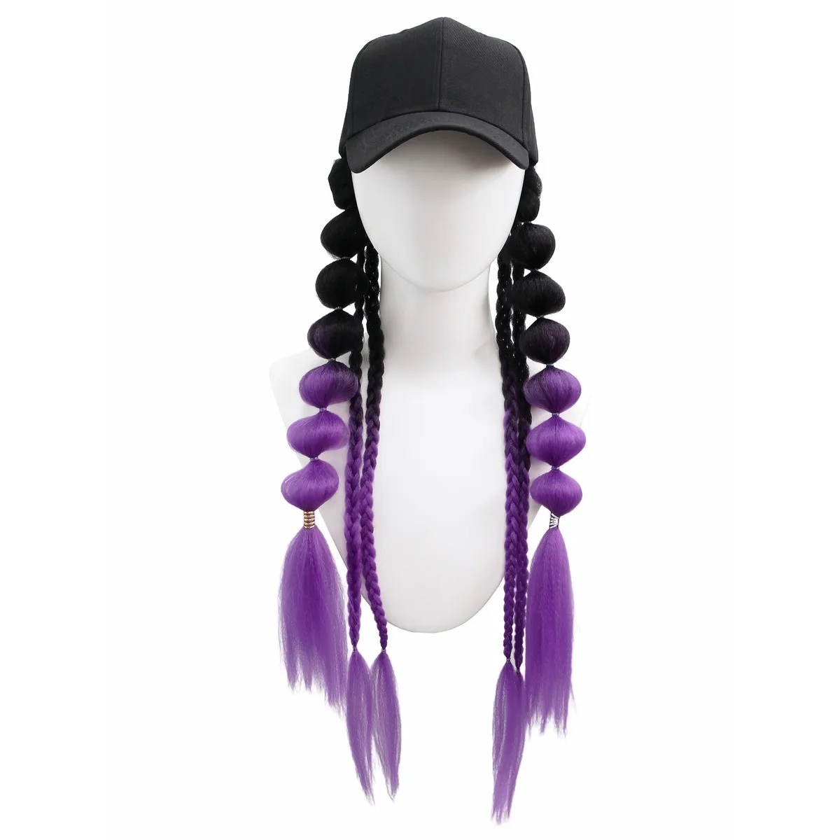 Halloween Black-Purple Bubble Braid Synthetic Wig Hat, Casual Sweet-Cool Style Wig Hat, One-Piece Detachable Hat-Wig Design