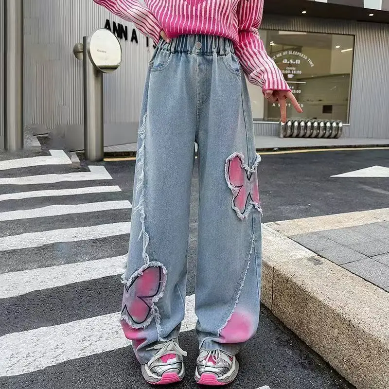 

Детские винтажные джинсы для девочек, широкие джинсы, повседневные свободные джинсовые винтажные брюки с высокой талией, детские универсальные брюки 120-170 см