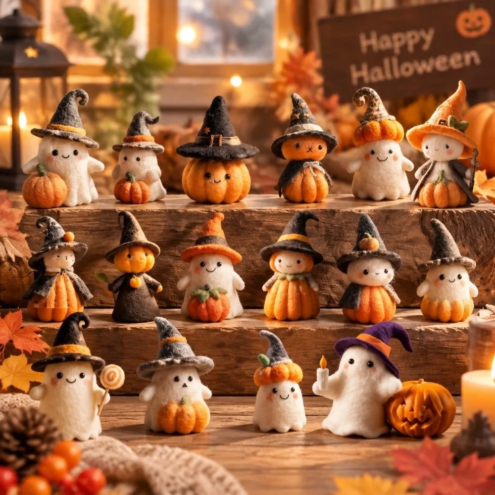 Desk Ornaments Witch Halloween Ornaments Cute Pumpkin Figurine Handmade Funny Wool Felt Ghost Statue Gift