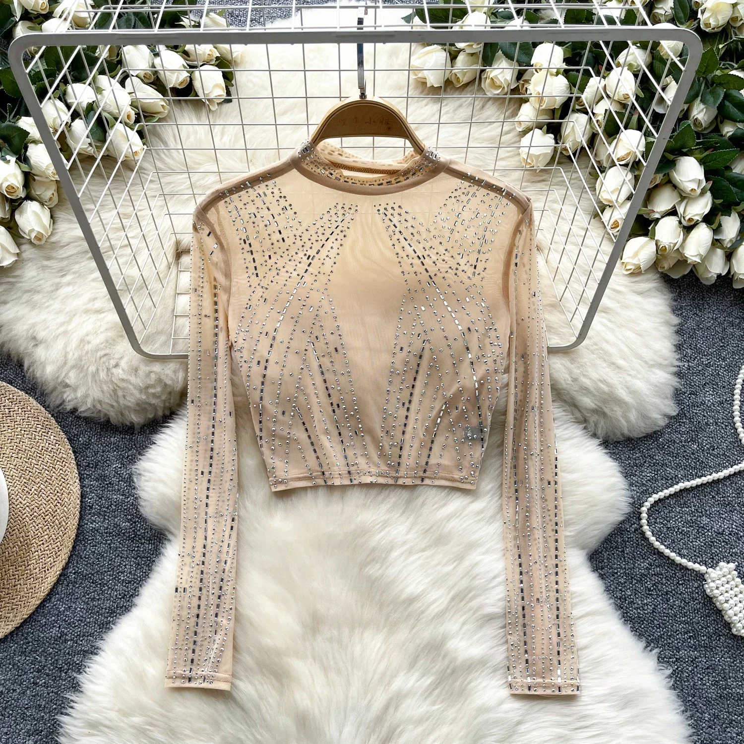 2025แฟชั่นHotsweetฤดูร้อนตาข่ายเสื้อยืดผู้หญิงครึ่งเปิดคอเพชรSheer Slimเซ็กซี่StreetwearบางCrop Tops