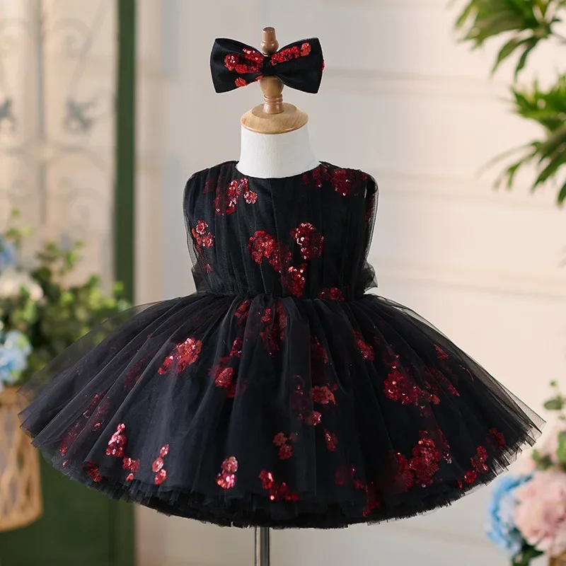 

baby girl round neck rose style sequin princess dress black elegant Sleeveless kids girls dance party summer children dresses