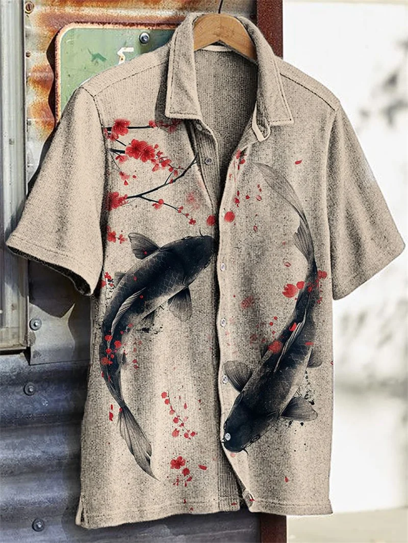 Men's Black Shirt Men's Linen Octopus Red Wine Art Print Casual Shirt Vintage Party Short Sleeve Shirt Button Top