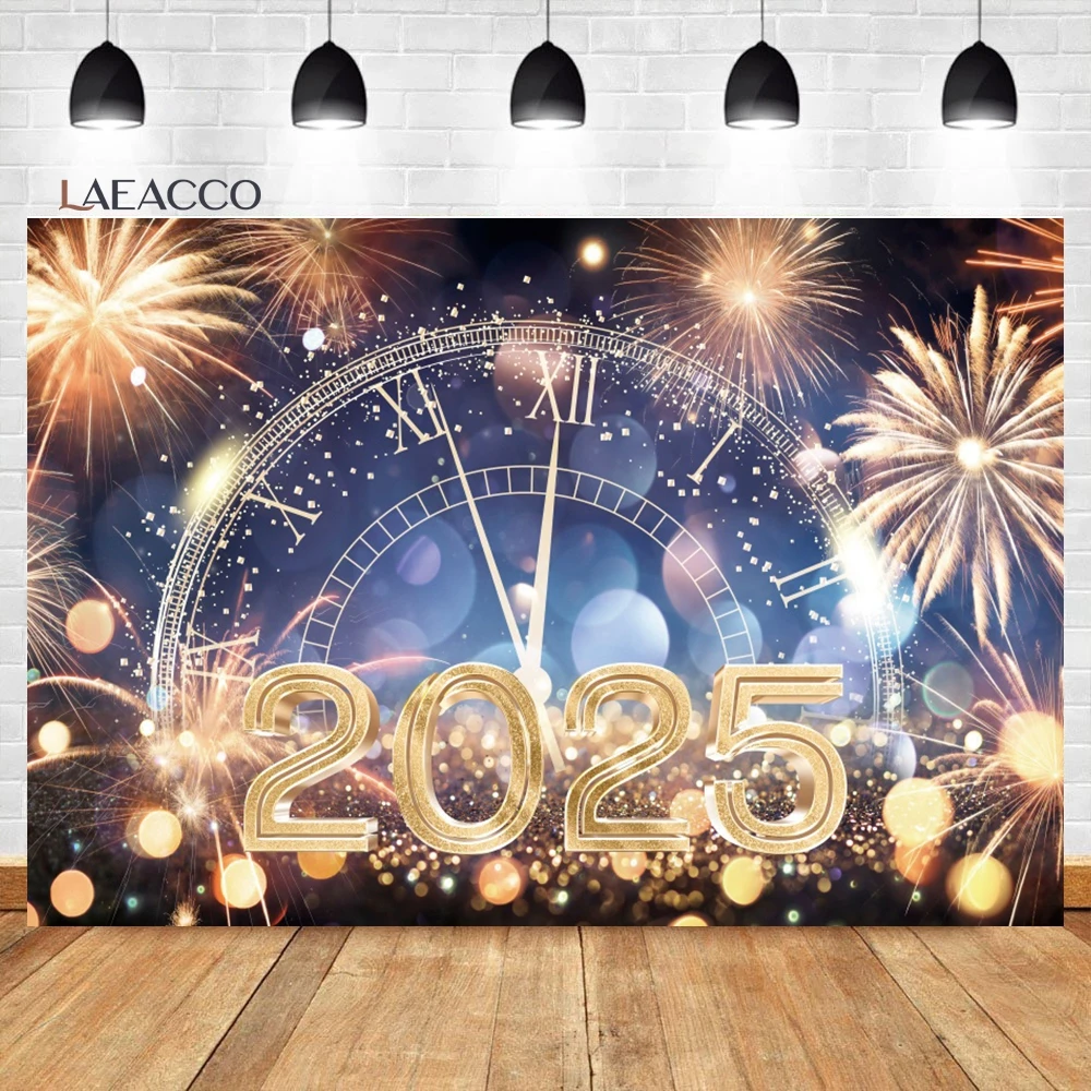 Laeacco 2025 Happy New Year Backdrop Clock Firework Shiny Glitter Dots Countdown Family Party Portrait Photography Background