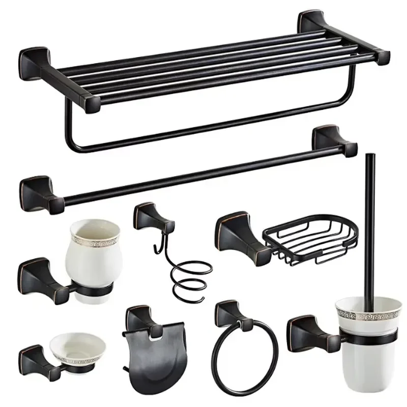 9-Piece Modern Black Stainless Steel Bathroom Hardware Set with Prevention Wall-Mounted Towel Bar & Holder
