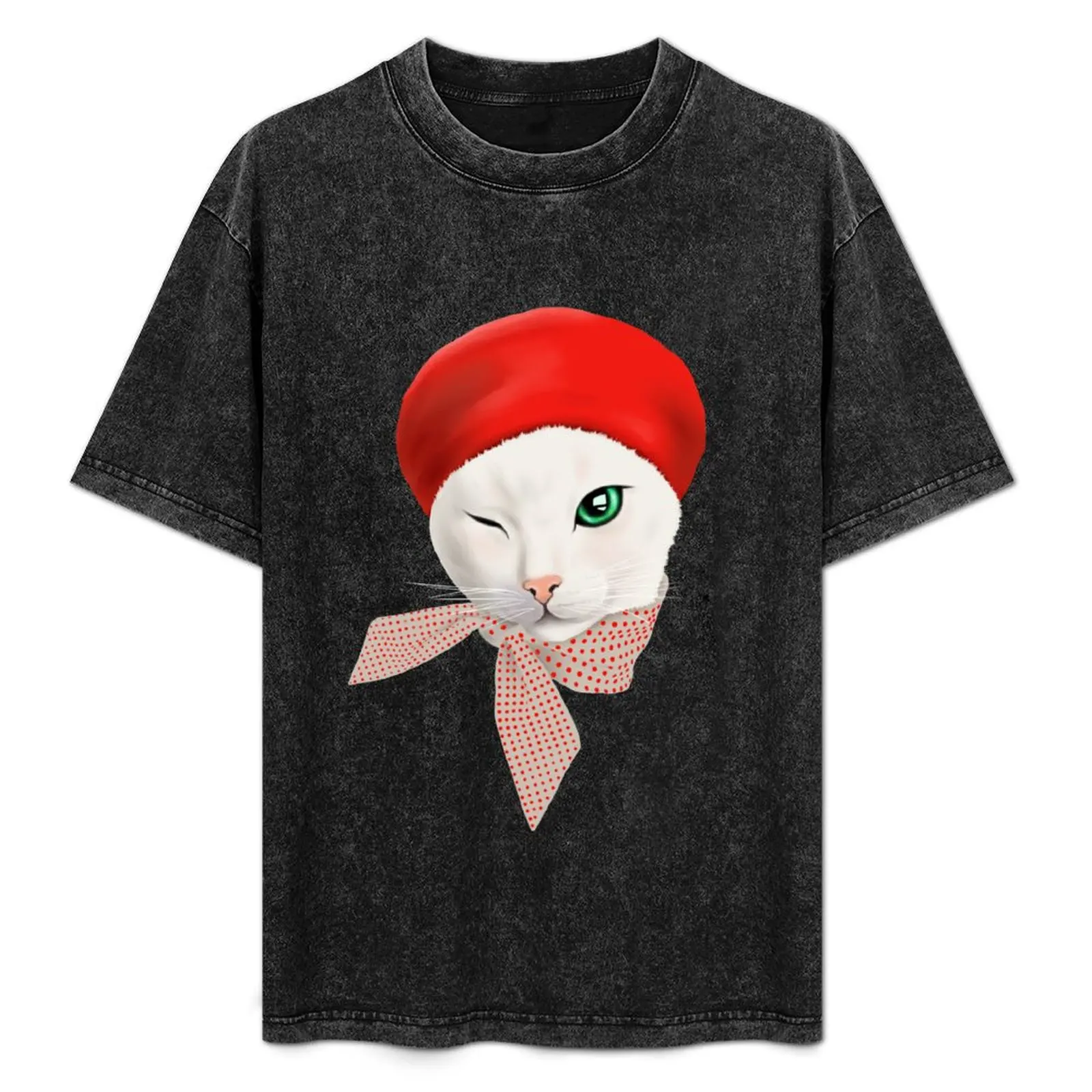 

French Cat in beret T-Shirt Christmas Casual Short Sleeve Top