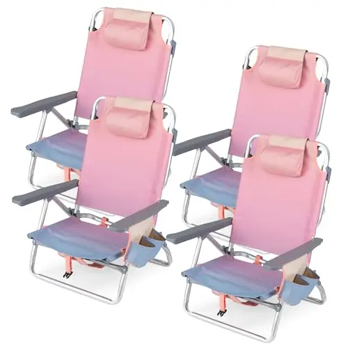 Beach Chair, Folding Backpack Beach Chairs for Adults w/Adjustable Positions, Head Pillow, Cooler Bag, Towel Bar, Cup