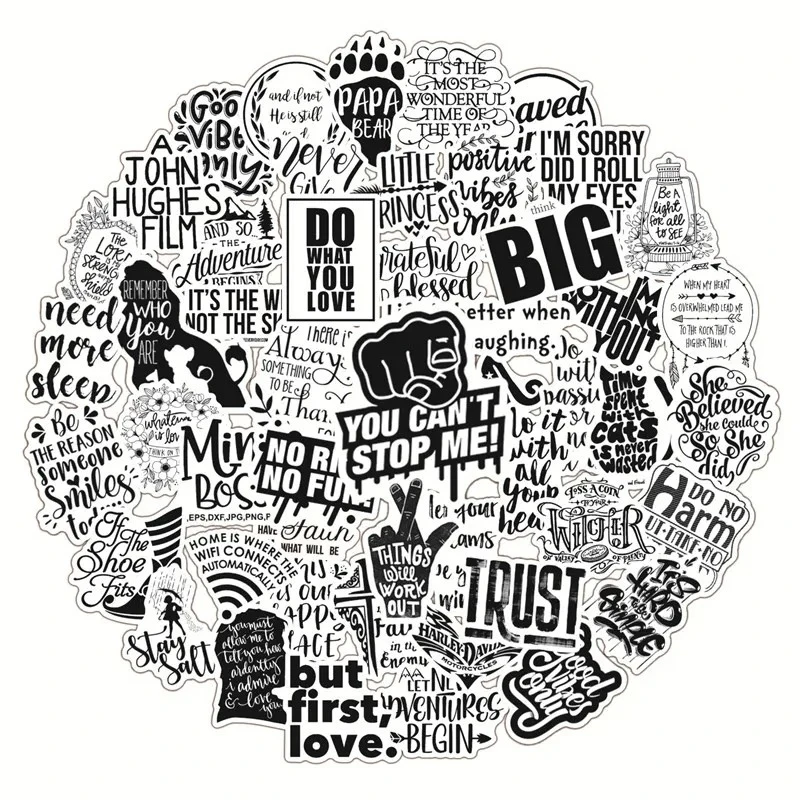 50pcs/Pack Black White Motivational Words Text Stickers Inspirational Life Quotes Stickers Laptop Scrapbooking Graffiti Decals