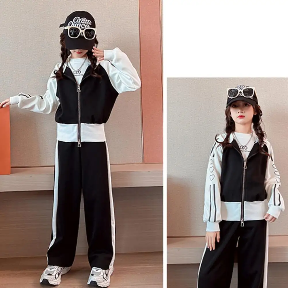 

Лидер продаж, модная рубашка на молнии с капюшоном для девочек, пальто, брюки, студенческая осенняя повседневная толстовка, длинные брюки, комплект из 2 предметов, детская одежда