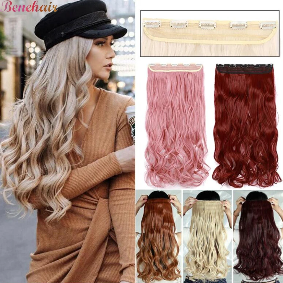 

BENEHAIR Synthetic Hairpieces 24" 5 Clips In Hair Extension One Piece Long Curly Hair Extension For Women Pink Red Purple Hair