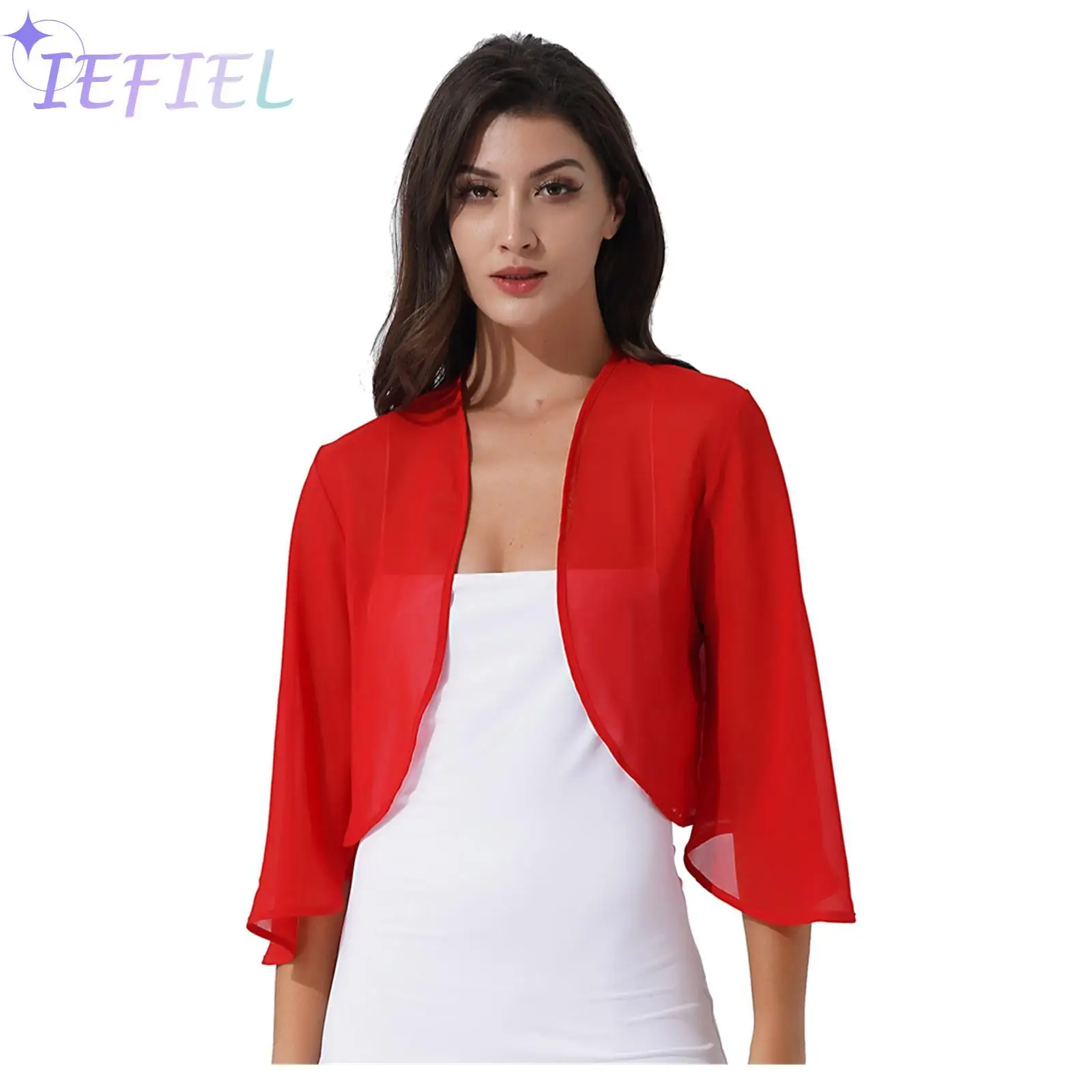 Cardigan en Mousseline de Soie à Manches 3/4 pour Femme, Veste Ouverte Devant, Châle Enveloppant, Vêtements Décontractés d\'Extérieur, Printemps et