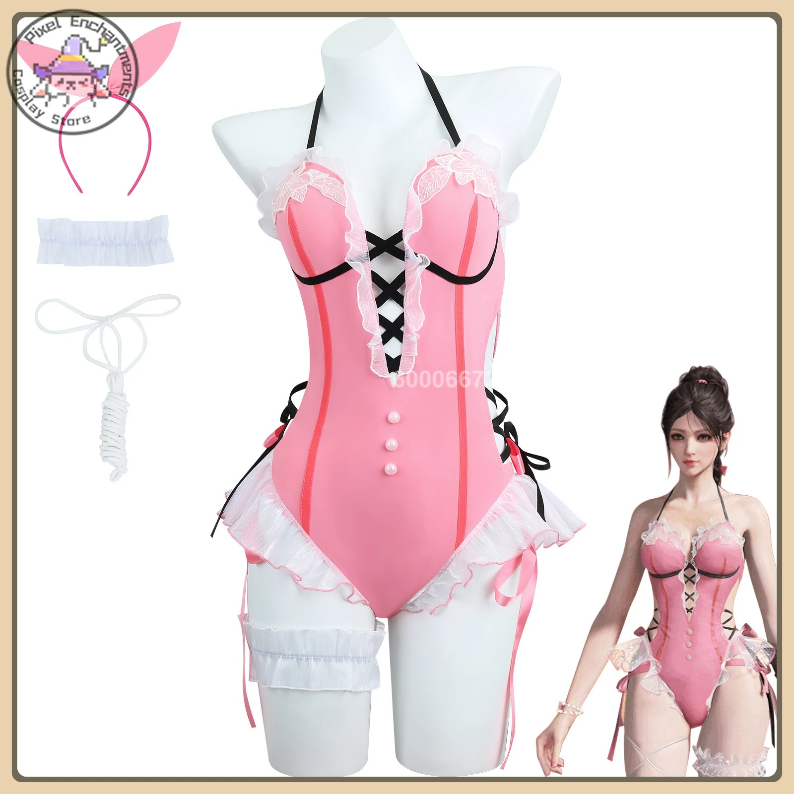 

Game Naraka: Bladepoint Shen Miao Cosplay Costume Decorated Pink Swimsuit Hair Bow Full Set High Quality Role Playing Clothes