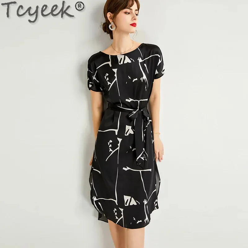 

93.4% Tcyeek Mulberry Elegant Women's es 19MM Real Silk Dress Loose Fit Summer Clothes for Women Lace-up 2024