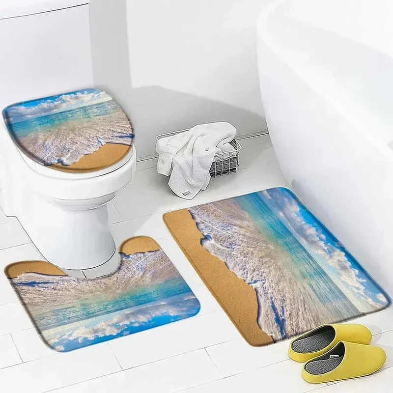 

IJH36Набор пляжных ковриков для ванной с океаном, кокосовая пальма, тропические растения, морские волны, природный пейзаж, украшение для ванной комнаты, нескользящий коврик для унитаза, 2 МГ $
