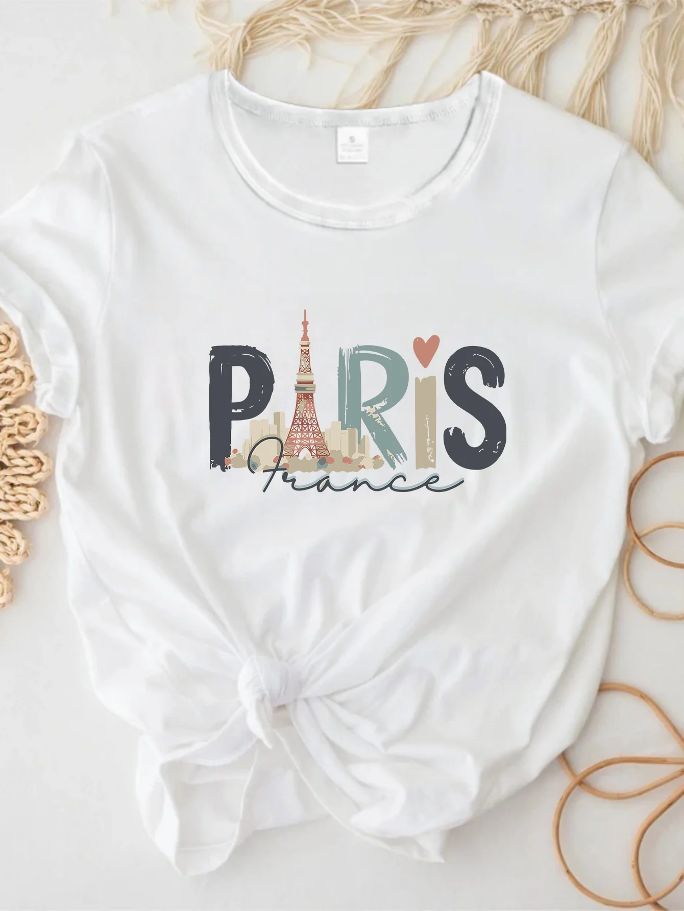 Design Elasticity Round Casua Spring Summer Travel Souvenir Women's Paris France Graphic Print Short Sleeve Shirt Hearts Tops