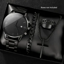 4-piece set, stylish simple pointer quartz watch with calendar, black hip-hop style cross pendant necklace birthday gift