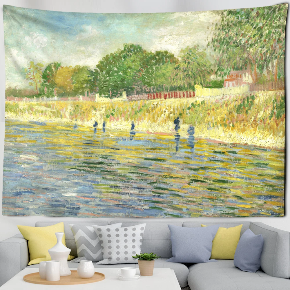 Riverside Forest Architecture Tapestry Wall Hanging Hippie Tapiz Art Landscape Van Gogh Oil Painting Bedroom Home Decor