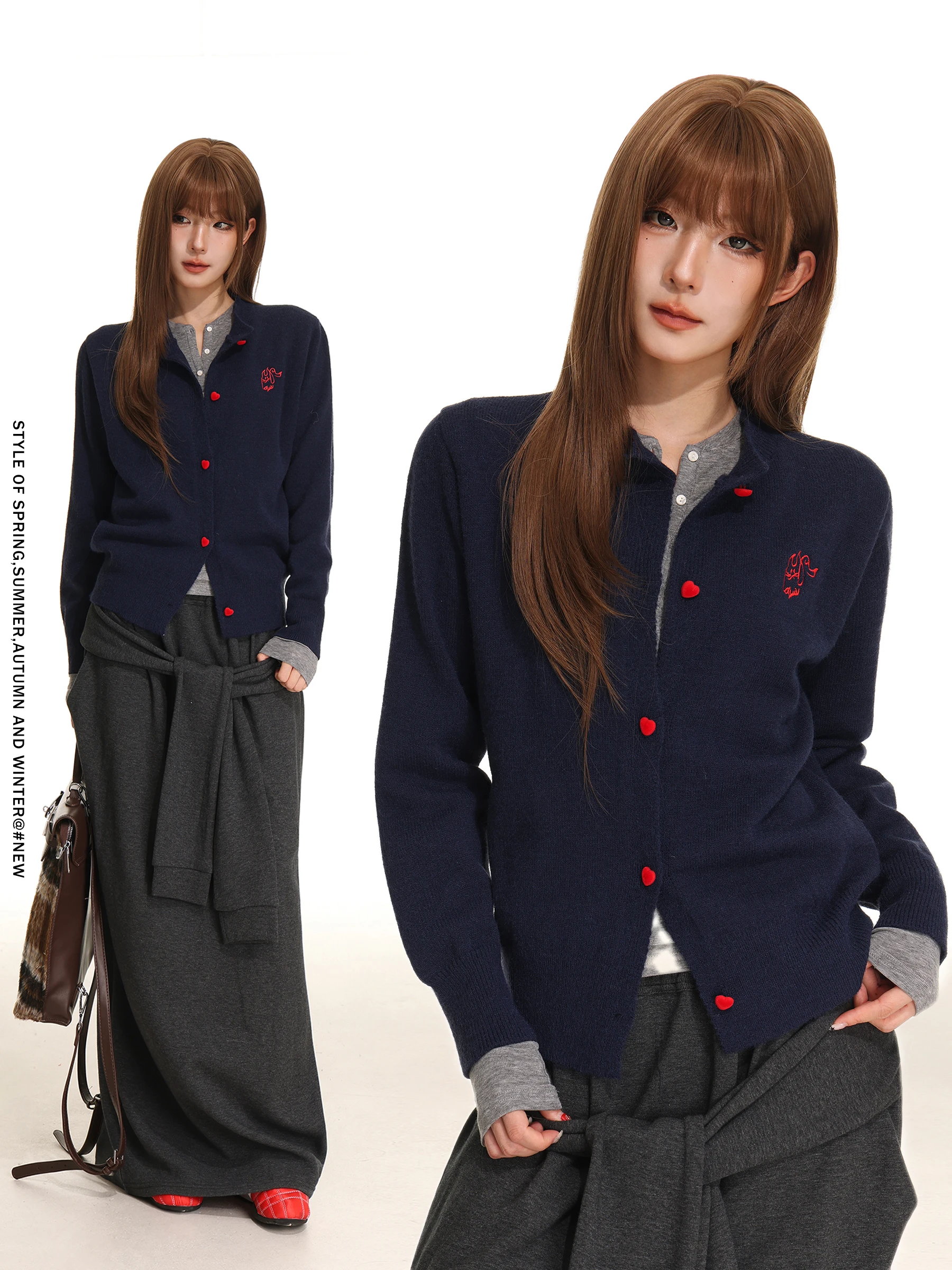 Retro American Knitted Sweater Coat for Women Autumn Love Button Print round Neck Design Sense Outerwear Soft Long Sleeve