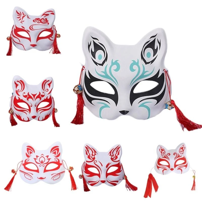 per maschera per gatti Disegno a mano giapponese Volpi Mezza maschera Divertente Halloween Masquerade Maschera cosplay Puntelli per feste Costumi